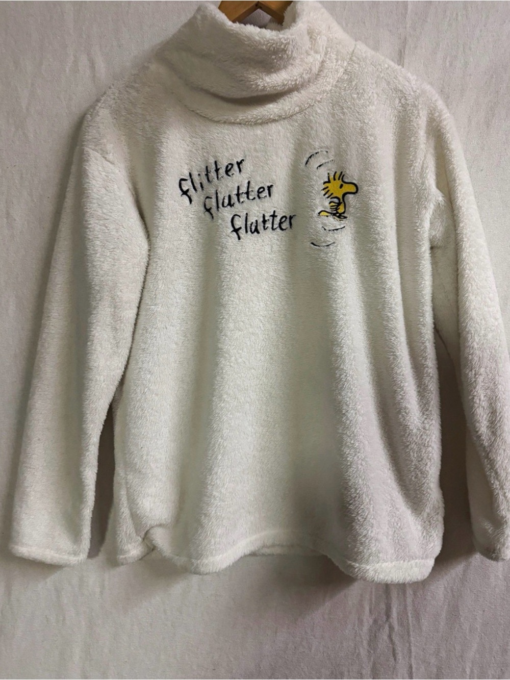 Uniqlo Peanuts Woodstock Flitter Flutter Fleece Pullover Sweater Womens S White